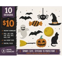 10 Halloween Embroidery Designs Bundle – $10