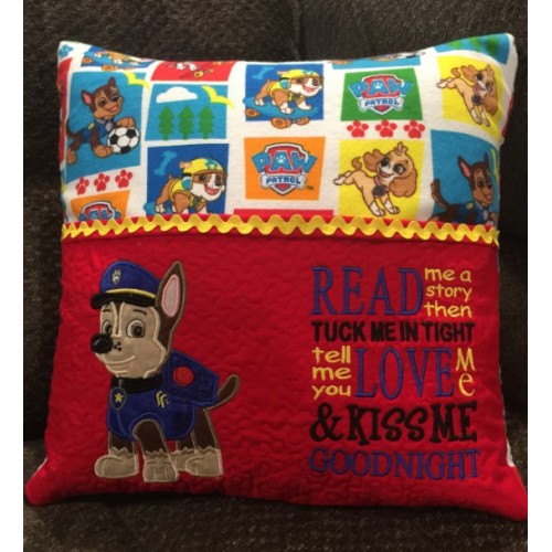 Chase Paw Patrol applique with read me a story reading pillow embroidery designs
