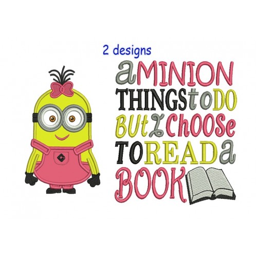 Minion Lulu with a minion things reading pillow embroidery designs