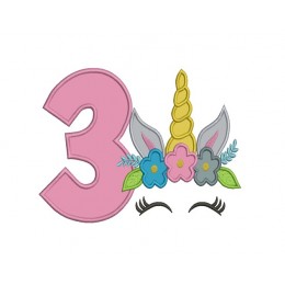 Unicorn Face birthday number 3 applique
