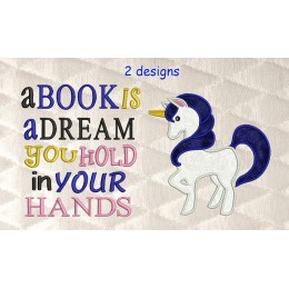 Unicorn Applique with a book is a dream 2 designs