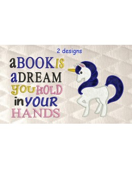 Unicorn Applique with a book is a dream 2 designs