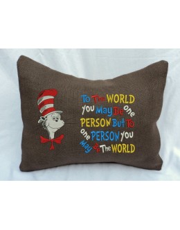 Cat in the hat with To The World reading pillow