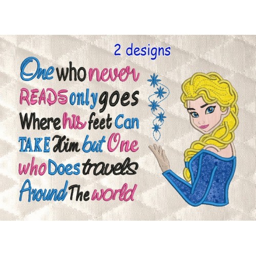 Elsa Frozen with one who never reads reading pillow embroidery designs
