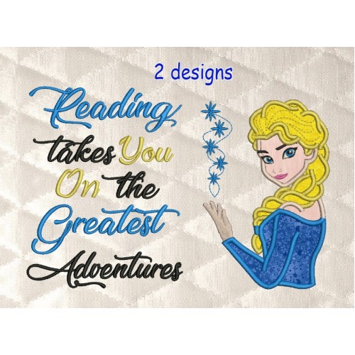 Elsa Frozen applique with reading takes you reading pillow embroidery designs