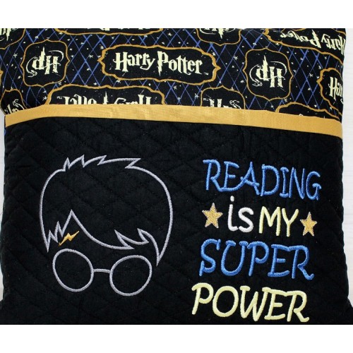 Harry potter face applique with Reading is My Super power reading pillow embroidery designs
