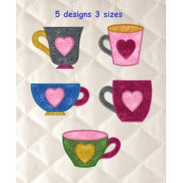 Cups with heart applique set 5 embroidery designs