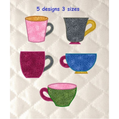 Cups with simple applique set 5 embroidery designs