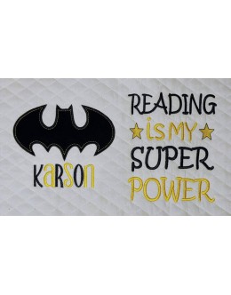 Batman logo with Reading is My Super power reading pillow embroidery designs