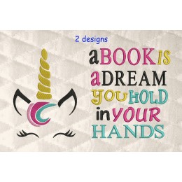 unicorn jeune embroidery with a book is a dream 2 designs 3 sizes