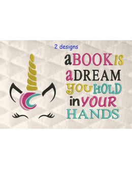 unicorn jeune embroidery with a book is a dream 2 designs 3 sizes