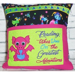 Baby dragon applique with reading takes you reading pillow embroidery designs