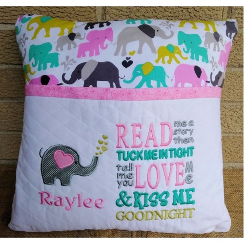 Elephant Hearts read me a story reading pillow embroidery designs