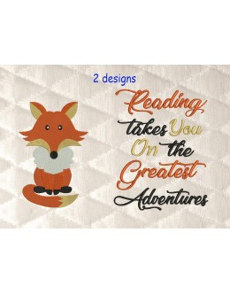 Fox with reading takes you reading pillow embroidery designs