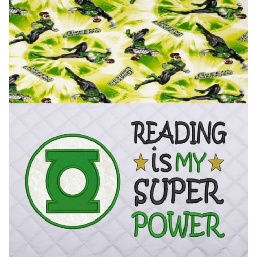 Green lantern with Reading is My Super power reading pillow embroidery designs