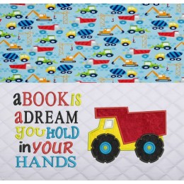 Dump truck with a book is a dream reading pillow embroidery designs