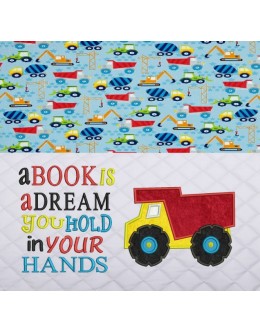 Dump truck with a book is a dream reading pillow embroidery designs