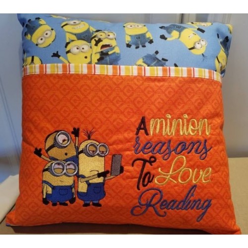 Minions sylvie with a minion reasons reading pillow embroidery designs