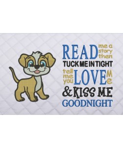 Dog with read me a story reading pillow embroidery designs