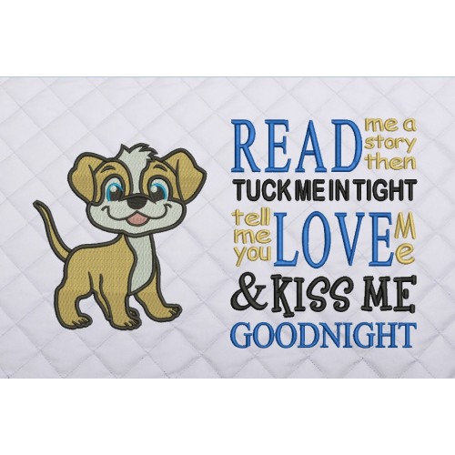 Dog with read me a story reading pillow embroidery designs