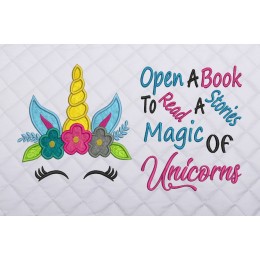 unicorn face applique with open a book