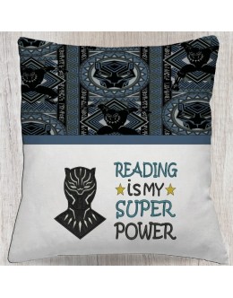 Black panther with Reading is My Super power Reading pillow embroidery designs