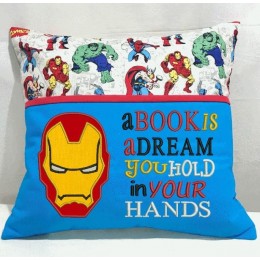 Iron Man face with a book is a dream reading pillow embroidery designs