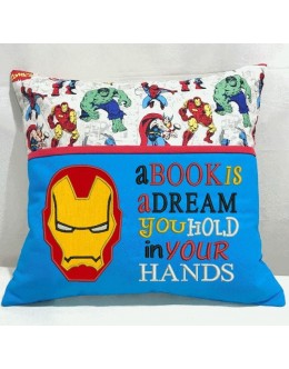 Iron Man face with a book is a dream reading pillow embroidery designs