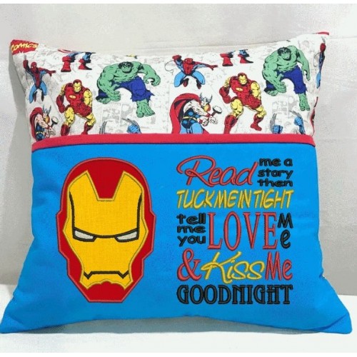 Iron Man face read me a story reading pillow embroidery designs