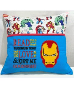 Iron Man face with read me a story reading pillow embroidery designs