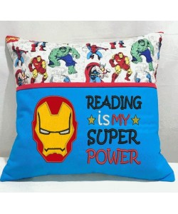 Iron Man face with Reading is My Super power reading pillow embroidery designs
