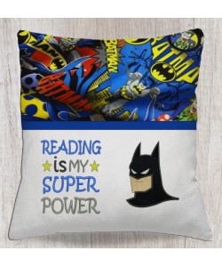 Batman face with Reading is My Superpower  reading pillow embroidery designs