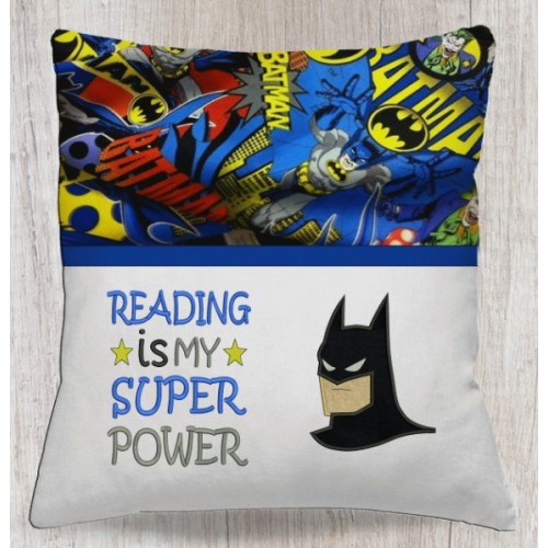 Batman face with Reading is My Superpower  reading pillow embroidery designs