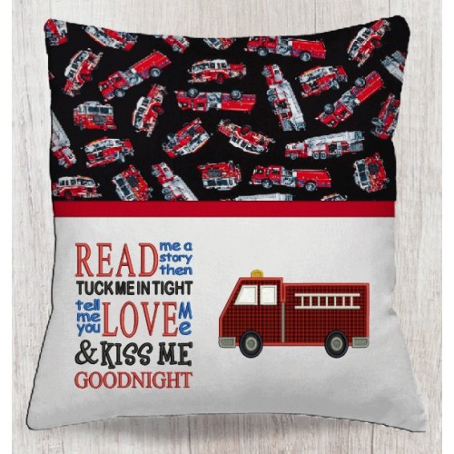 Fire truck with read me a story reading pillow embroidery designs