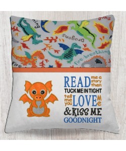 Baby dragon with read me a story reading pillow embroidery designs