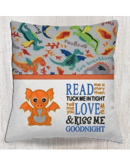 Baby dragon with read me a story reading pillow embroidery designs