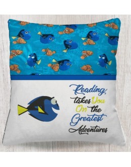Dory fish with reading takes you reading pillow embroidery designs