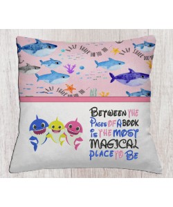 Baby shark with between the pages reading pillow embroidery designs