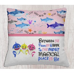 Baby shark with between the pages reading pillow embroidery designs