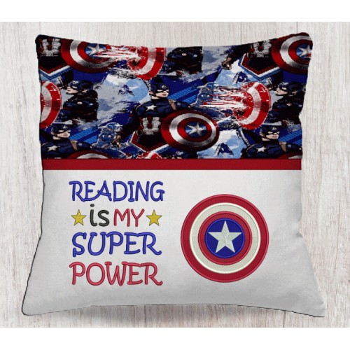 Captain america with reading is my super power reading pillow embroidery designs