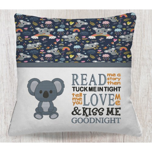 Koala embroidery with read me a story reading Pillow Embroidery Designs