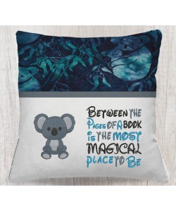 Koala embroidery with between the pages reading Pillow Embroidery Designs