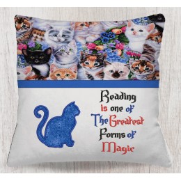 Cat Applique with Reading is one reading pillow embroidery designs