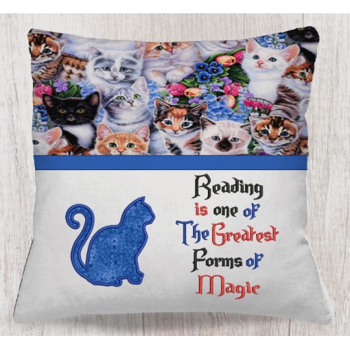 Cat Applique with Reading is one reading pillow