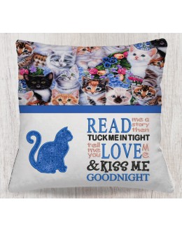 Cat Applique with read me a story reading pillow embroidery designs