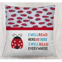 Ladybug applique with i will read reading Pillow