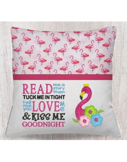 Flamingo with read me a story reading pillow embroidery designs