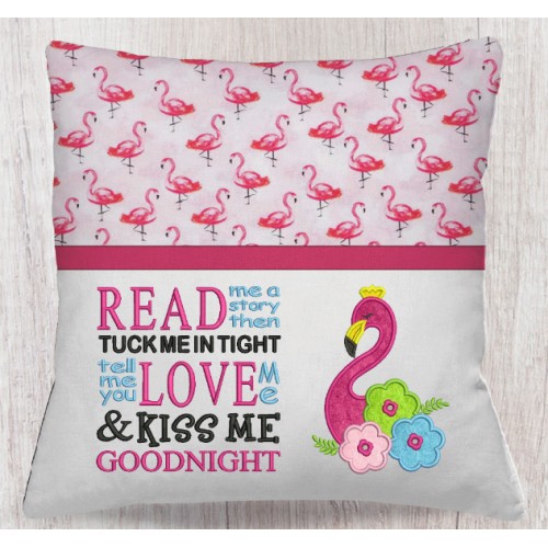 Flamingo with read me a story reading pillow embroidery designs