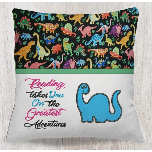 Dinosaur mog applique with reading takes you reading pillow embroidery designs