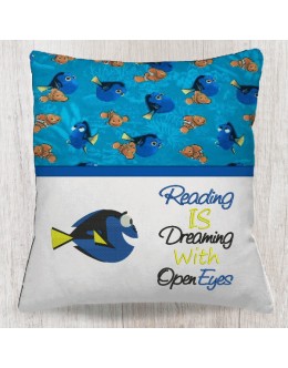 Dory fish with Reading is dreaming reading pillow embroidery designs